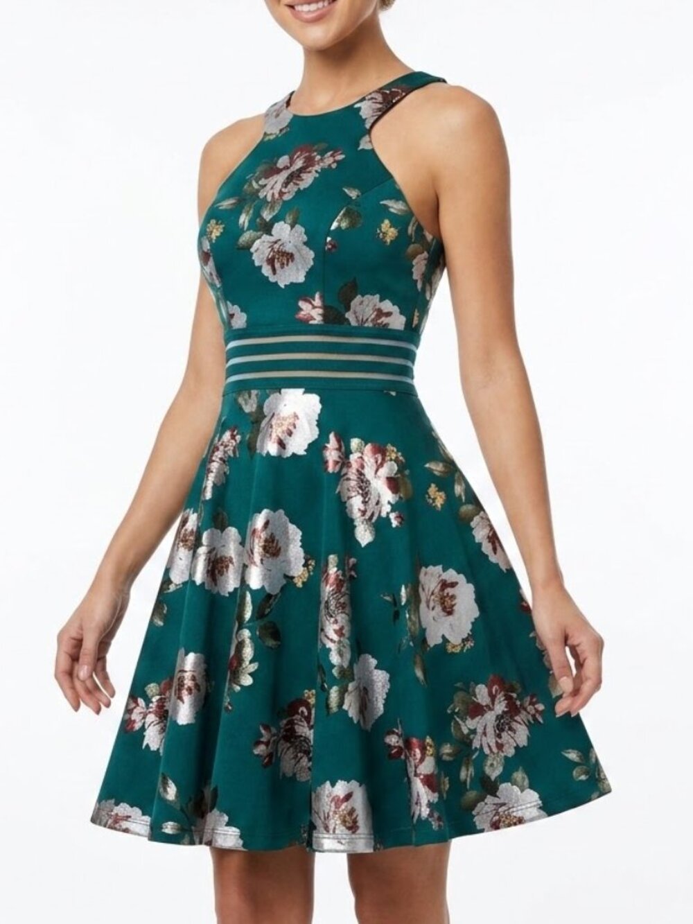City Vibe Emerald Brocade Floral Skater Dress High Neck Mesh Waist Cutout Sz 0